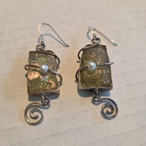 Roman Glass Earrings Dichroic Set In Sterling Silver Artesian Center Pearl